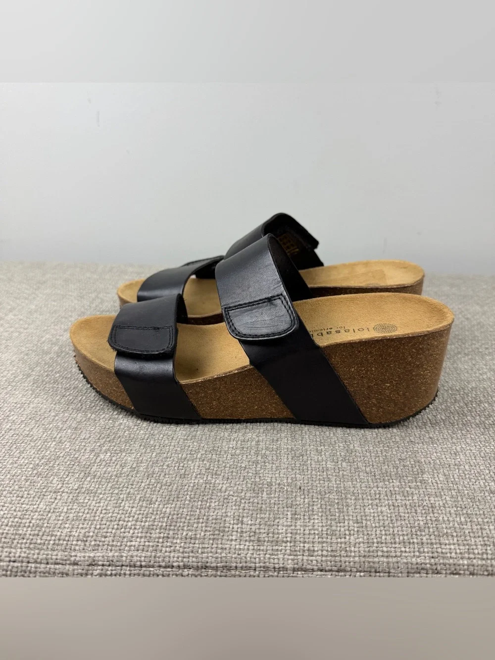Lola Sabbia Eric Michael Black Leather Wedge Slide Sandals Lily 38 US 7.5/8